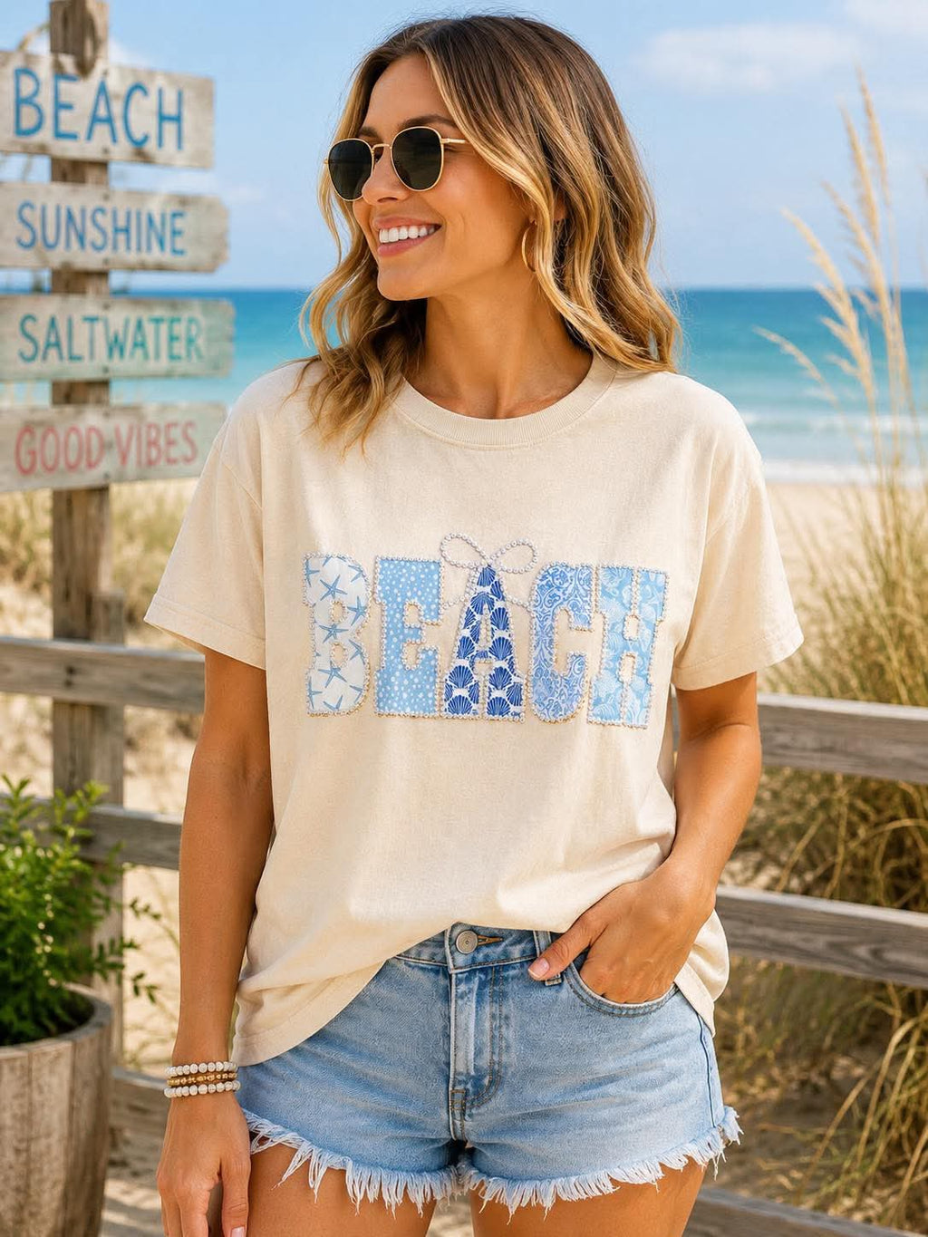 Coastal Patchwork “Beach” Tee