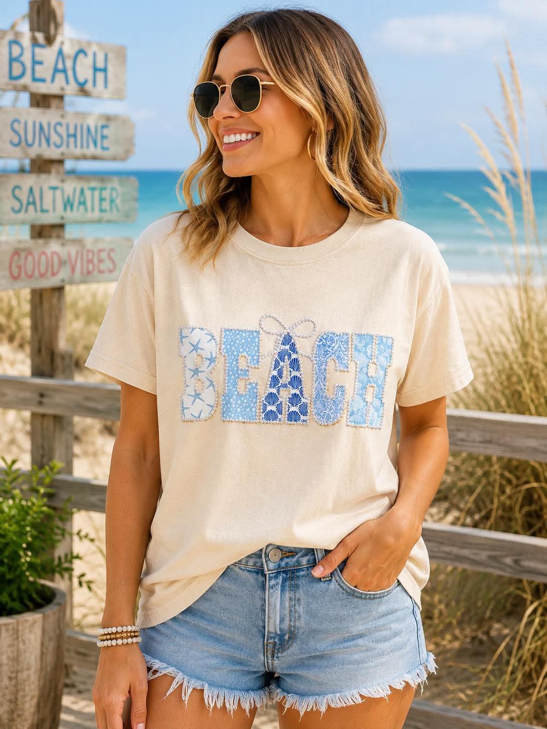 Coastal Patchwork “Beach” Tee