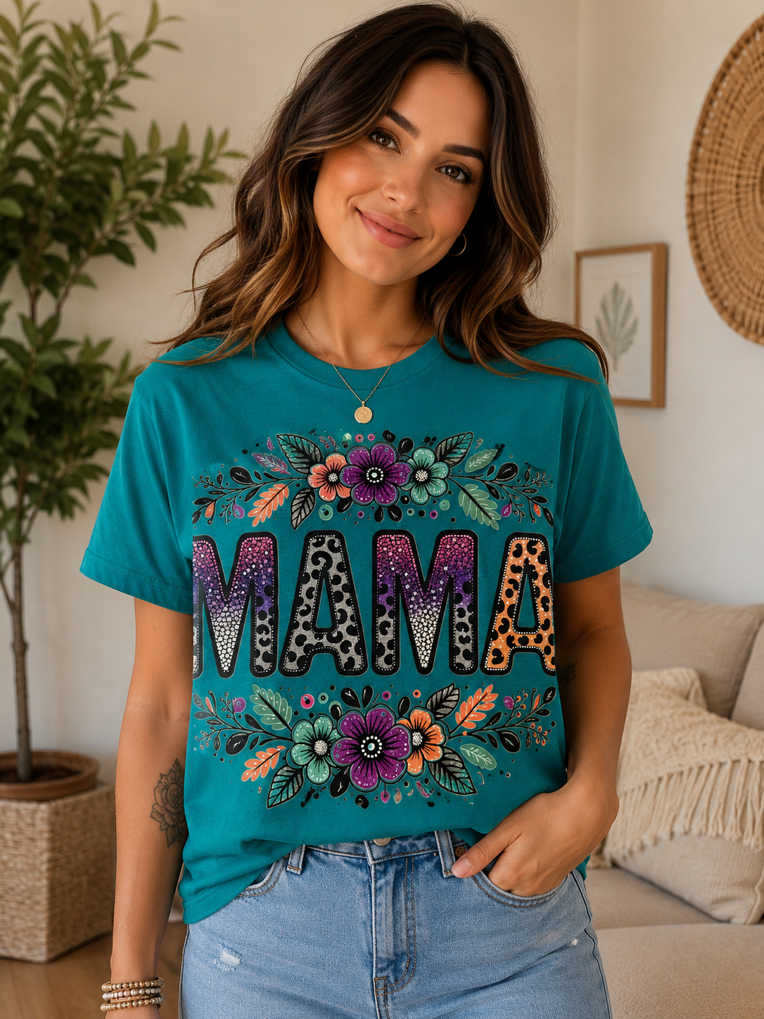 Teal Wildflower Mama Graphic Tee