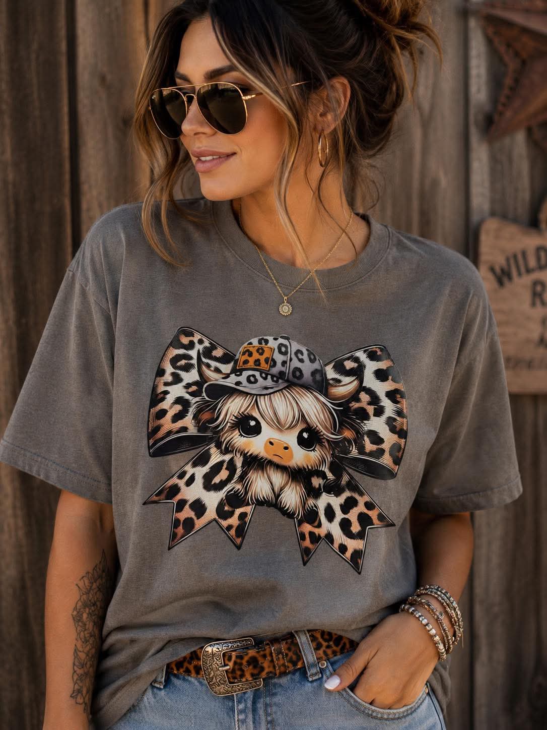 Leopard Bow Highland Cow Tee