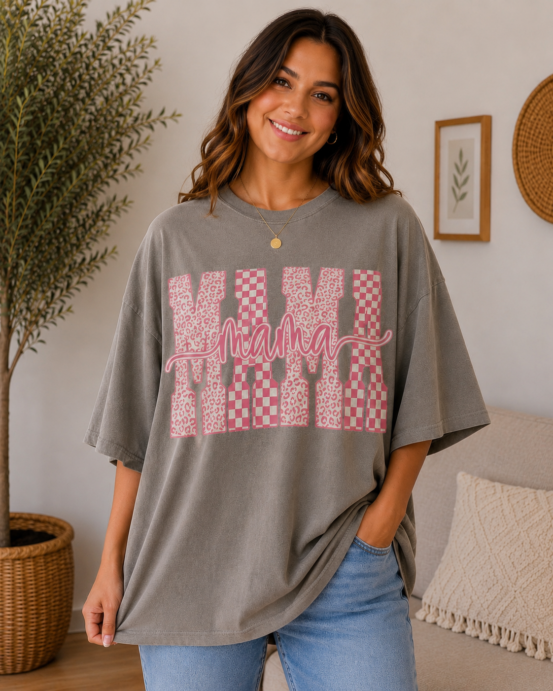 Pink Checkered Mama Tee