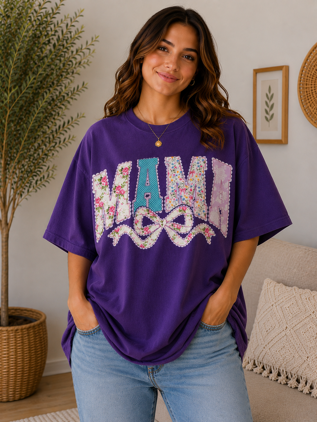 Mama Patchwork Bow Graphic Tee – Purple