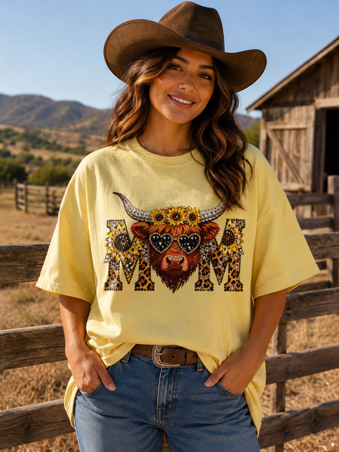 Sunflower Highland Cow Mama Tee