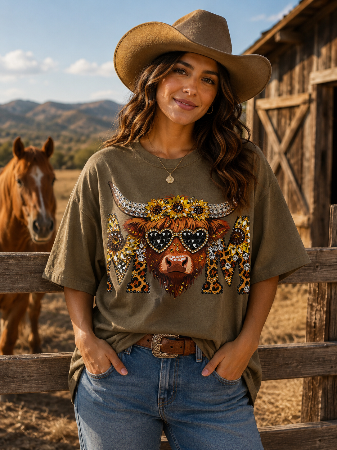 Western Sunflower Highland Cow Mama Tee Neutral