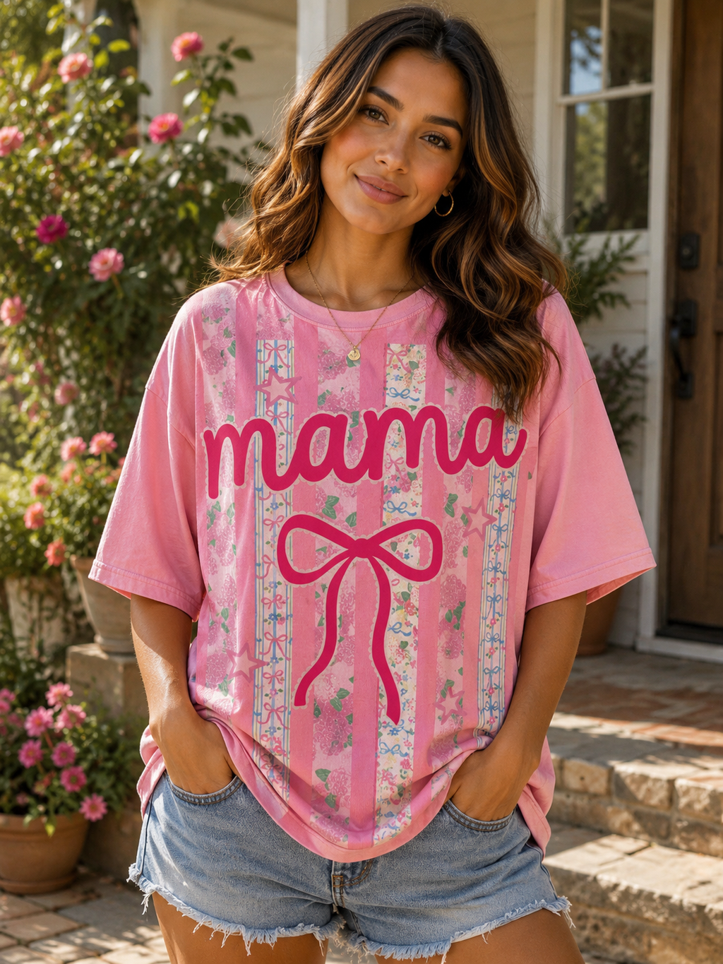 Coquette Mama Bow Graphic Vibrant Pink Tee