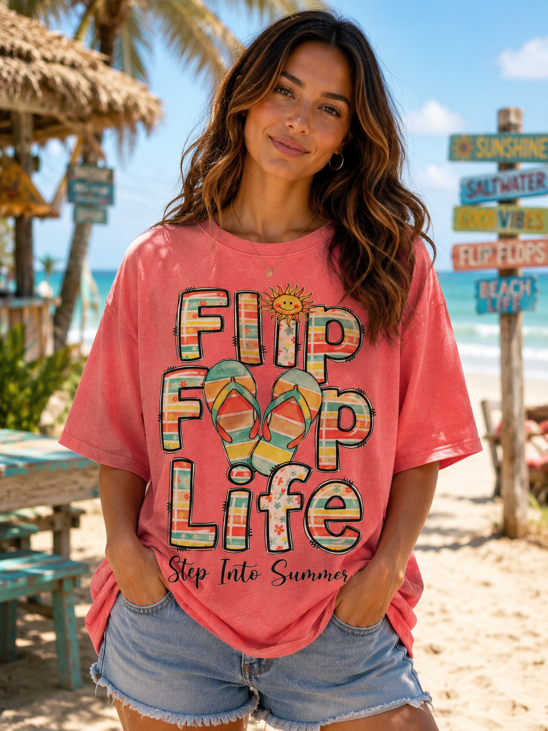 Flip Flop Life Graphic Tee – Coral Beach Vibes Shirt