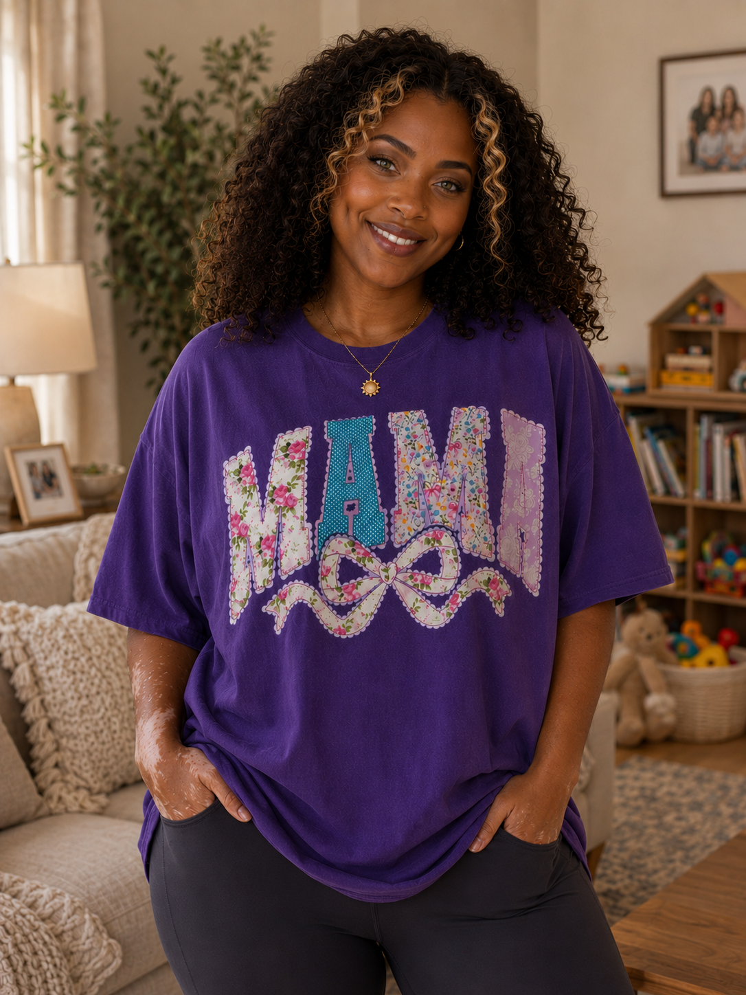 Mama Patchwork Bow Graphic Tee – Purple