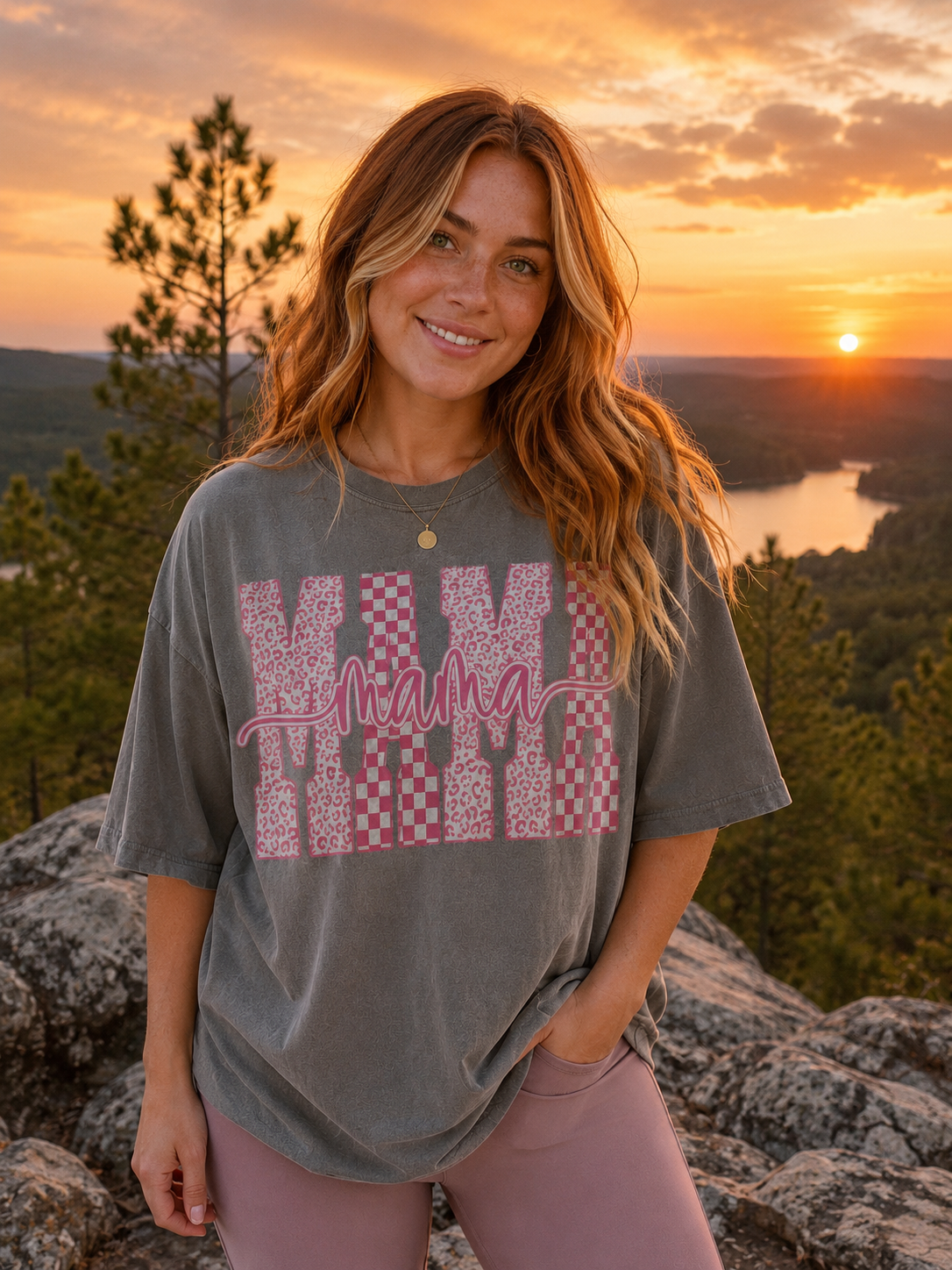 Pink Checkered Mama Tee